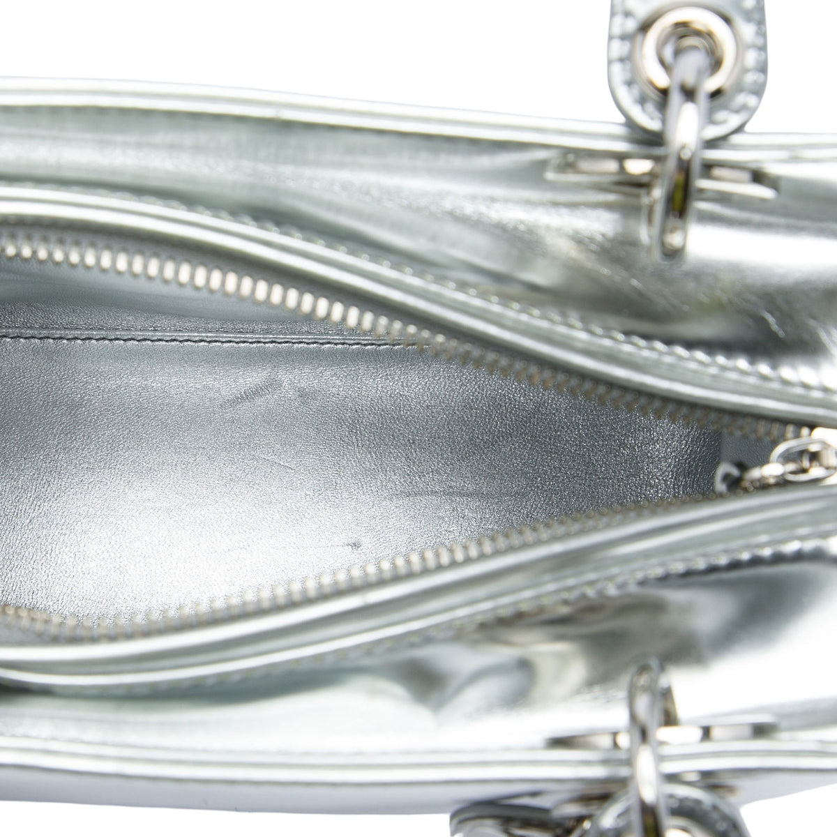 Dior Medium Metallic Patent Lady Dior — Silver