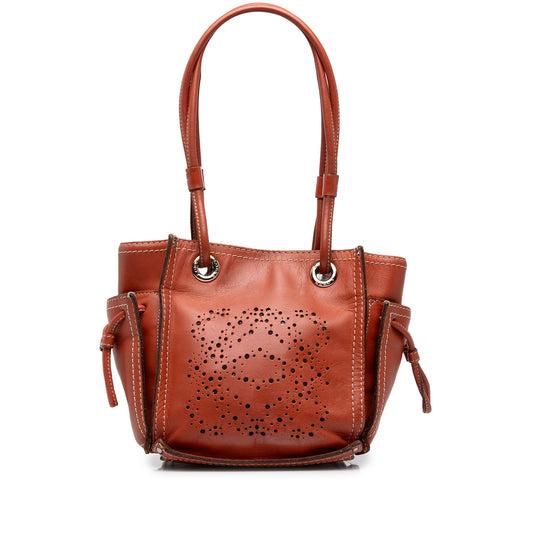 LOEWE Leather Perforated Anagram Punching Tote — Orange