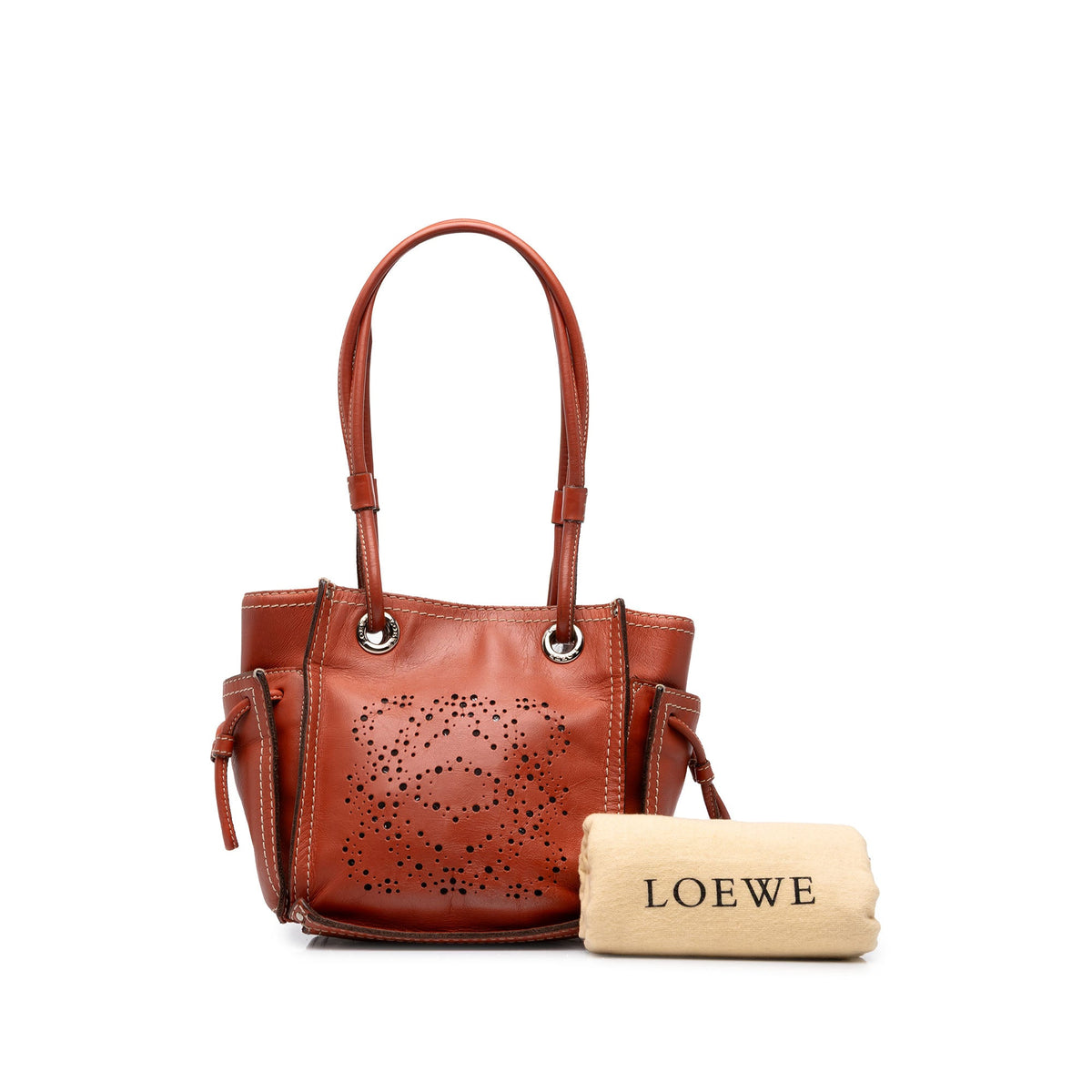 LOEWE Leather Perforated Anagram Punching Tote — Orange