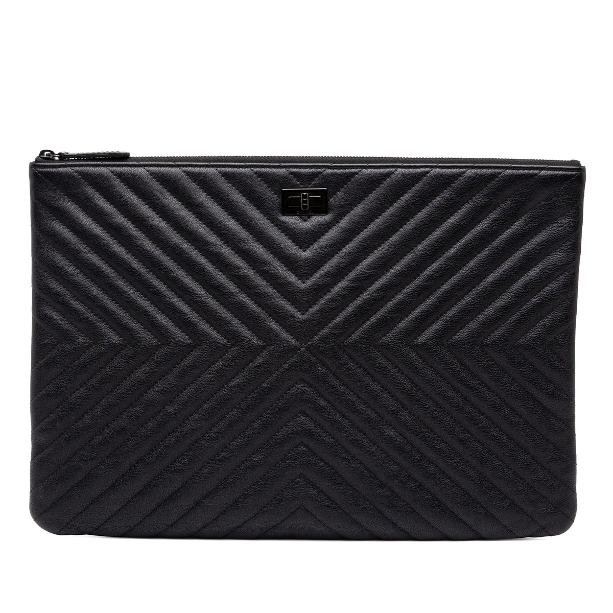 Chanel Large Diagonal Chevron Lambskin So Black Reissue 2.55 O Case Clutch