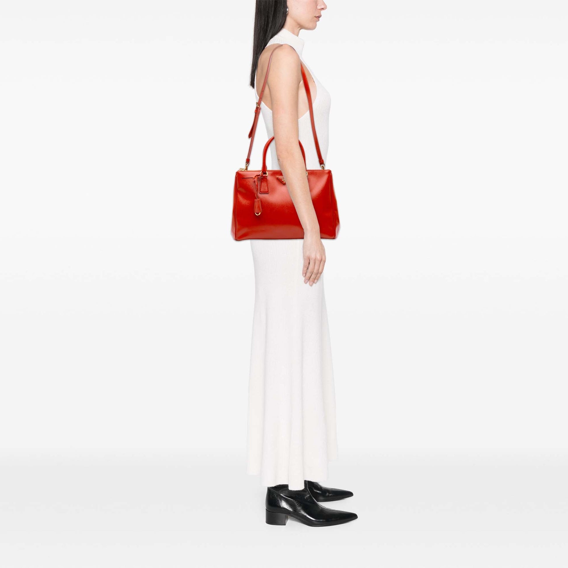 Prada Medium Saffiano Vernice Galleria Double Zip Satchel