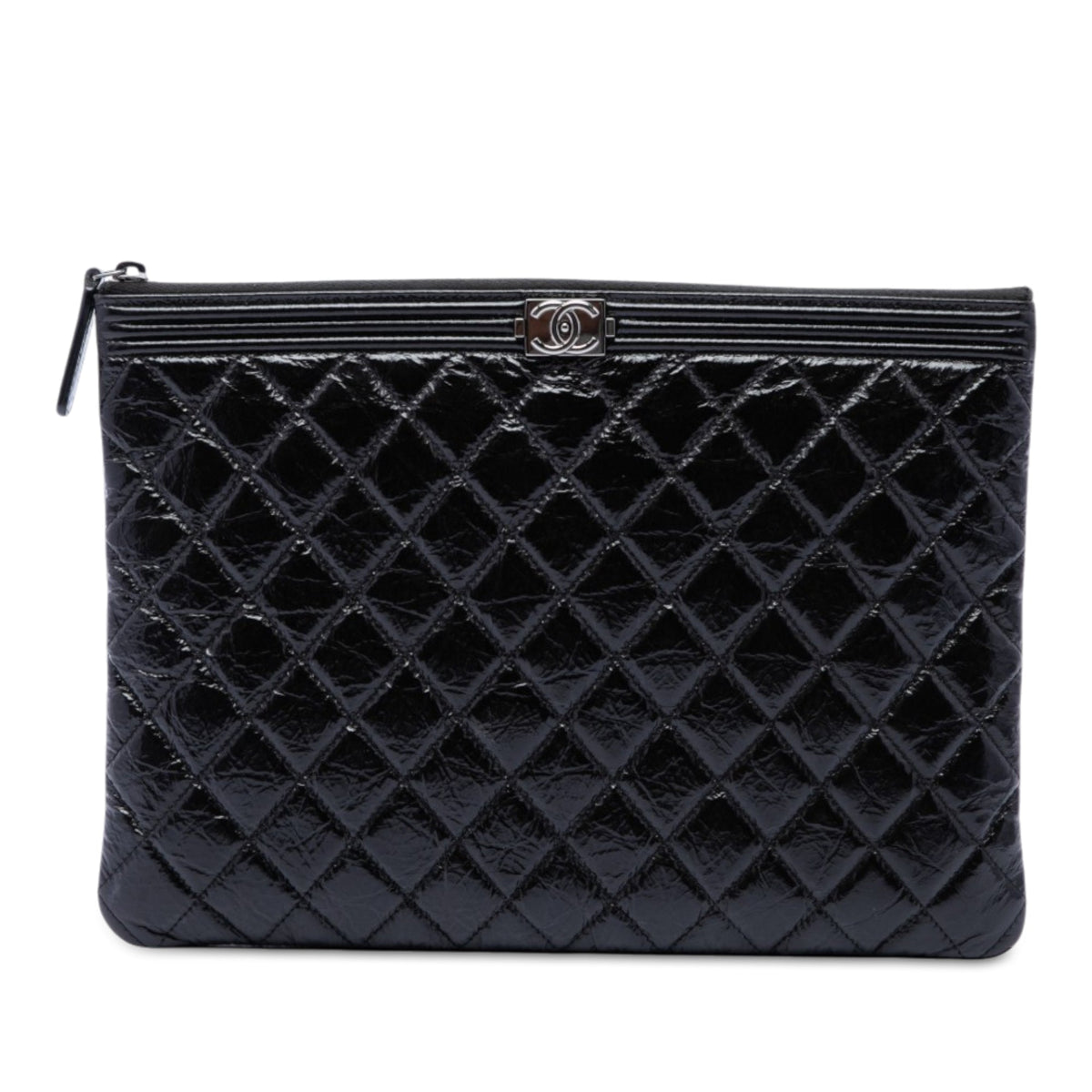 Chanel Medium Quilted Crinkled Patent Boy O Case Clutch — Black