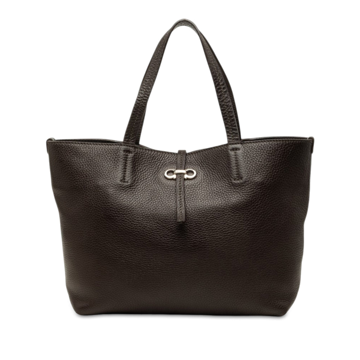 Ferragamo Pebbled Calfskin Gancini Bice Handbag — Brown