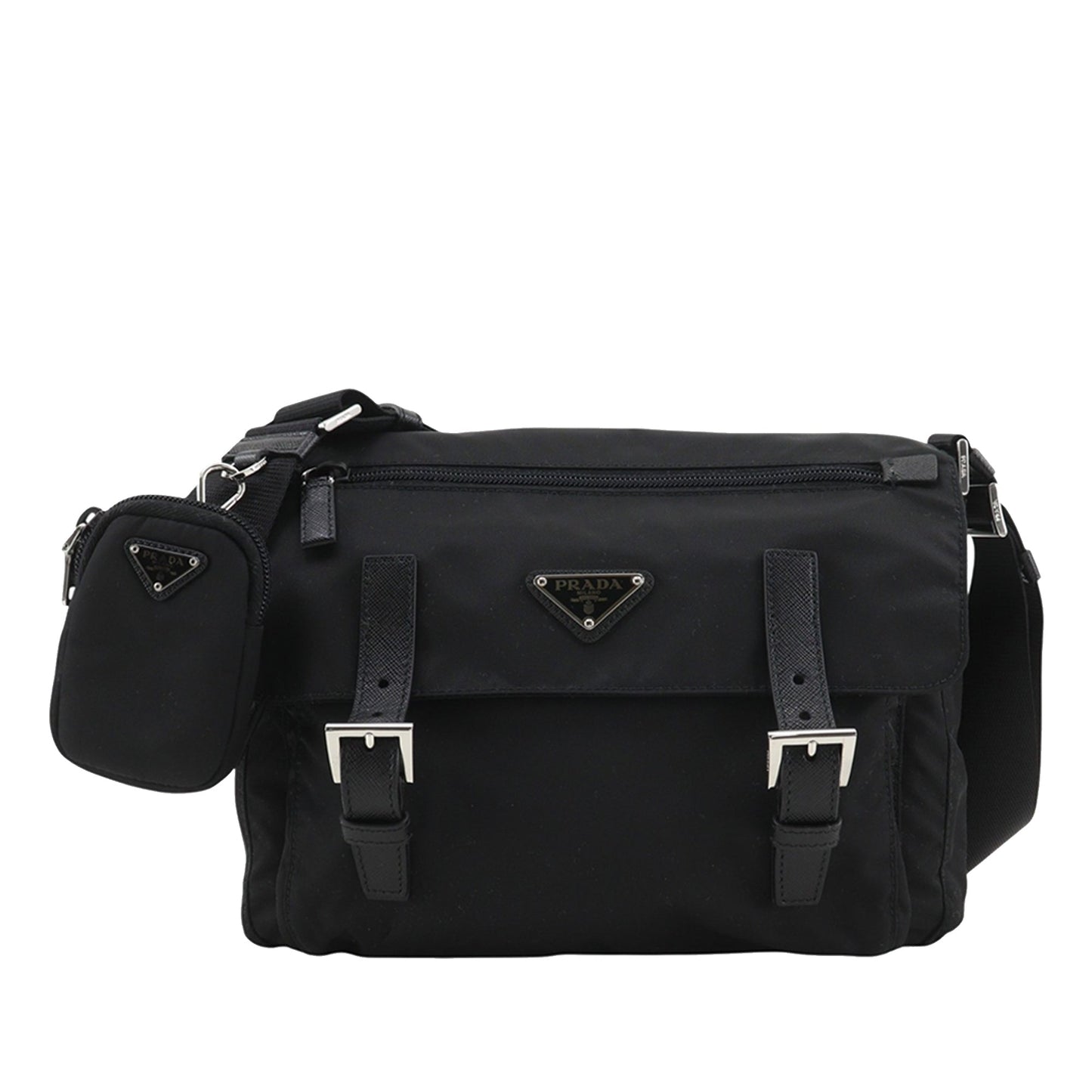 Prada Saffiano Trimmed Re Nylon Zip Double Buckle Messenger Bag