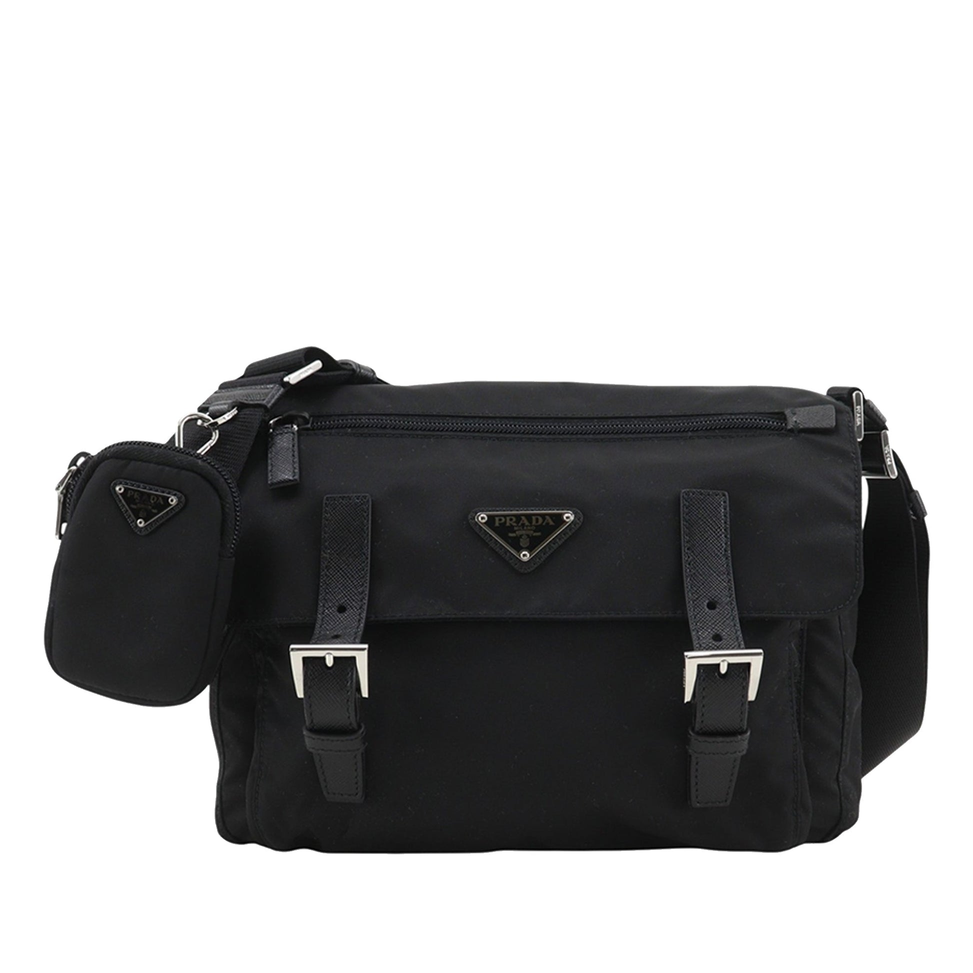 Prada Saffiano Trimmed Re Nylon Zip Double Buckle Messenger Bag