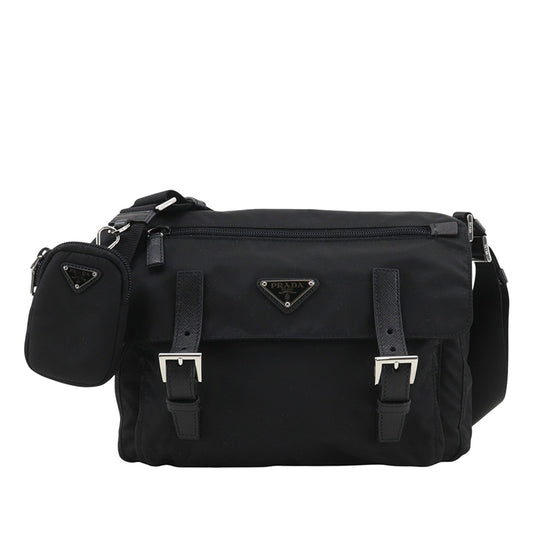 Prada Saffiano Trimmed Re Nylon Zip Double Buckle Messenger Bag