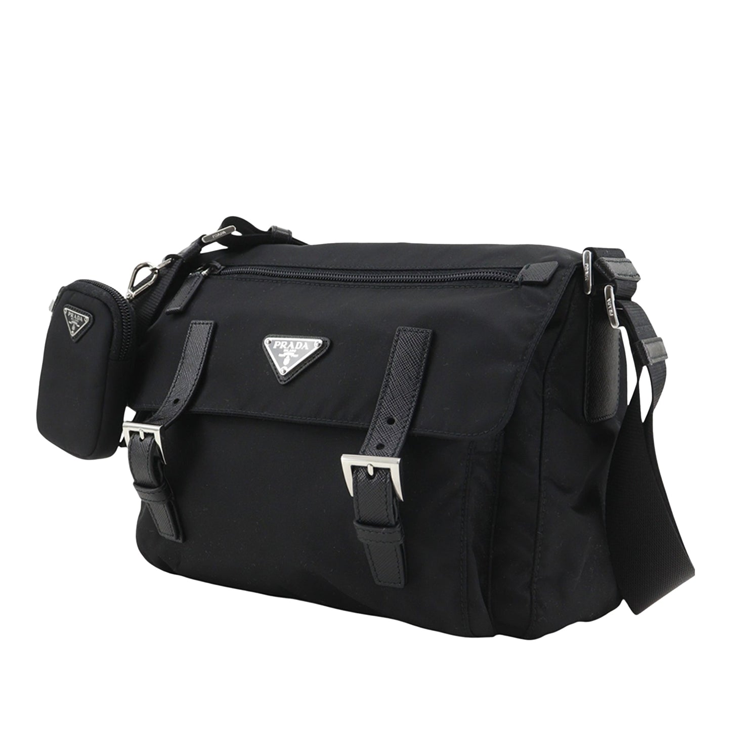 Prada Saffiano Trimmed Re Nylon Zip Double Buckle Messenger Bag