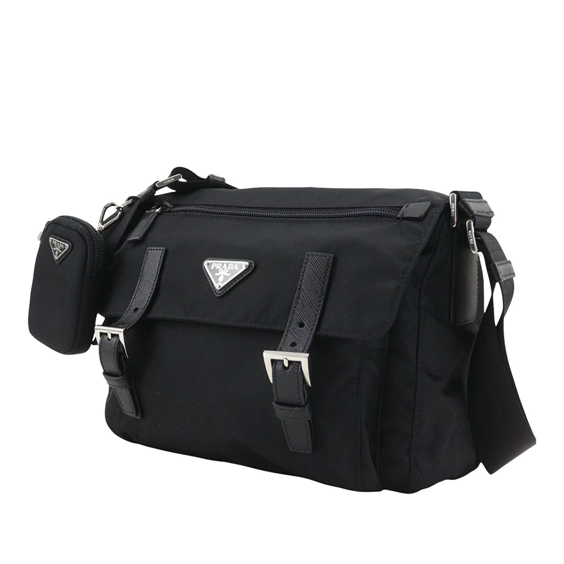 Prada Saffiano Trimmed Re Nylon Zip Double Buckle Messenger Bag
