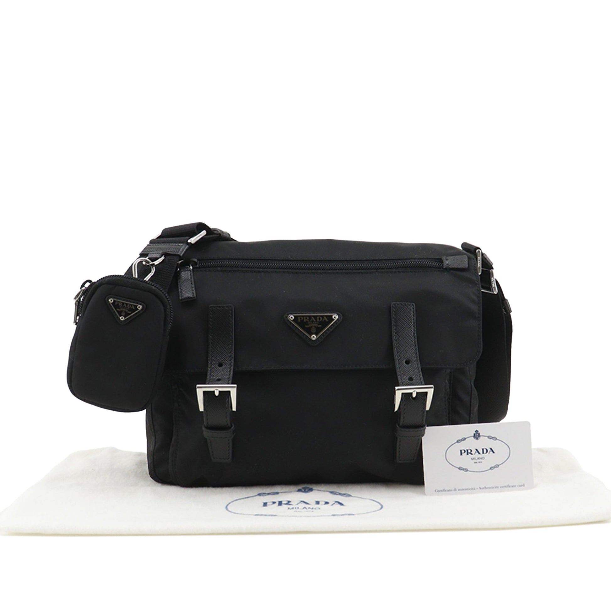Prada Saffiano Trimmed Re Nylon Zip Double Buckle Messenger Bag