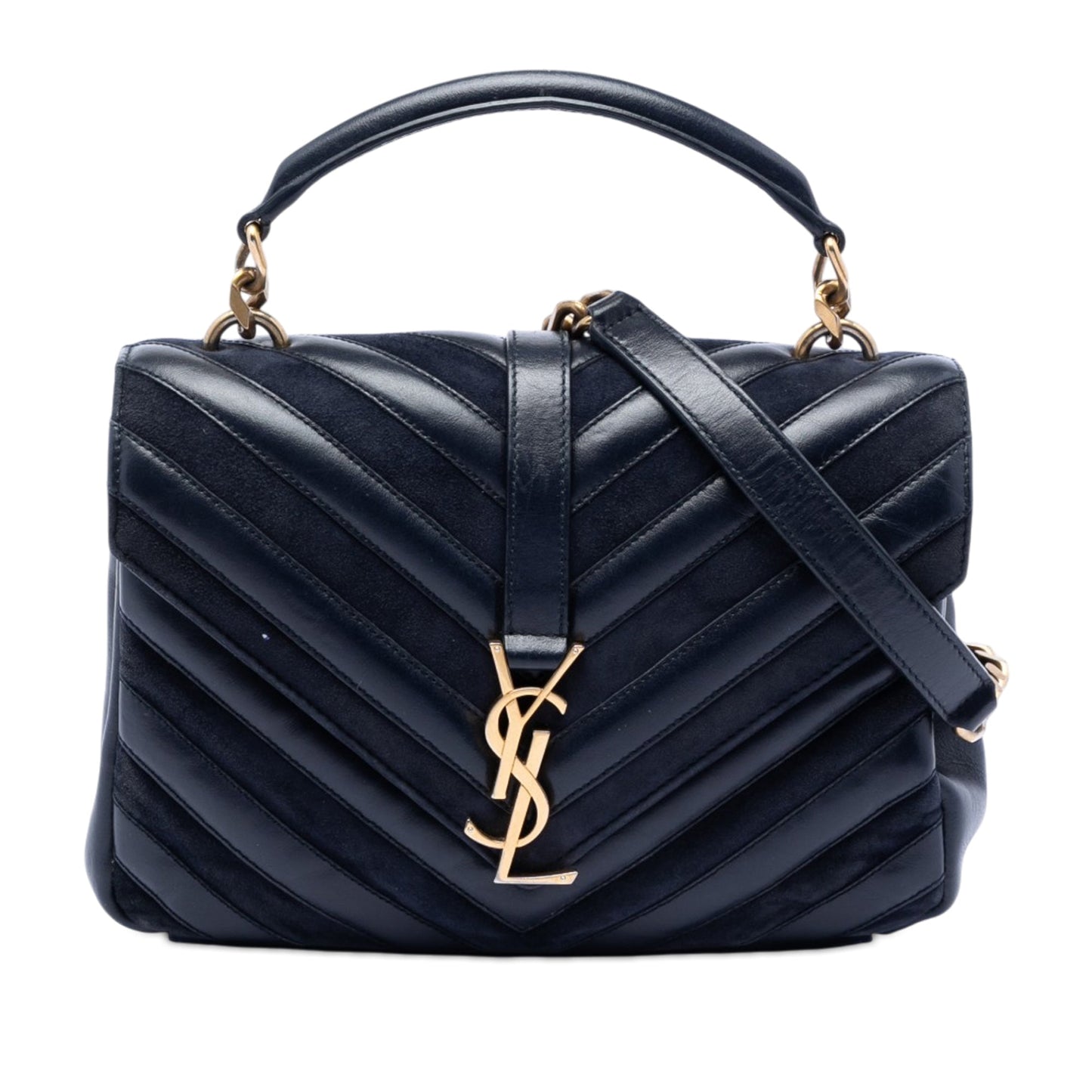 Saint Laurent Medium Calfskin and Suede Chevron Monogram College Satchel