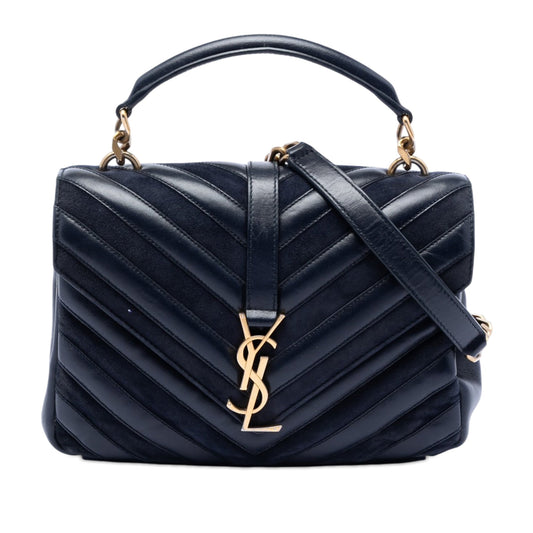 Saint Laurent Medium Calfskin and Suede Chevron Monogram College Satchel