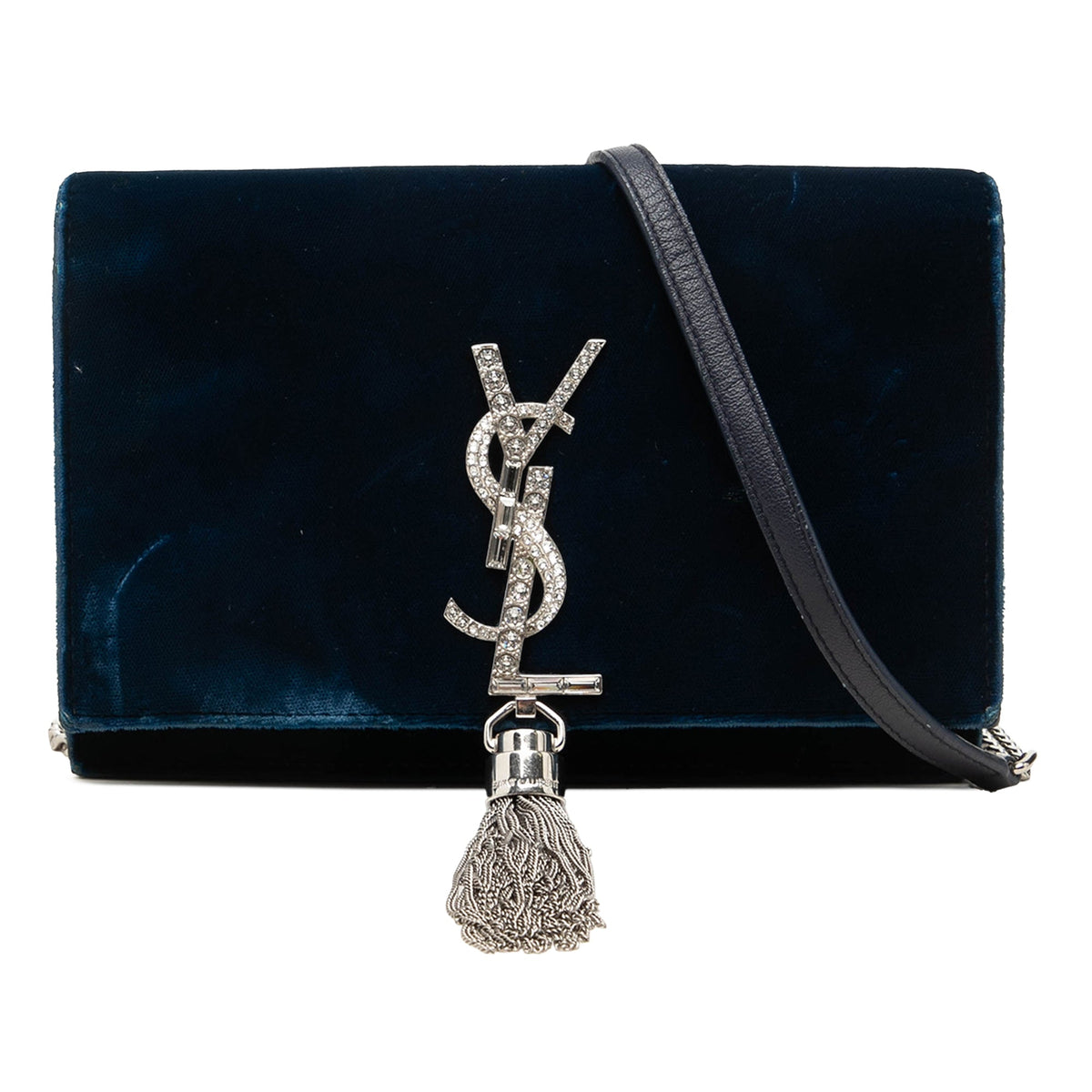 Saint Laurent Velvet Crystal Monogram Kate Tassel Wallet On Chain