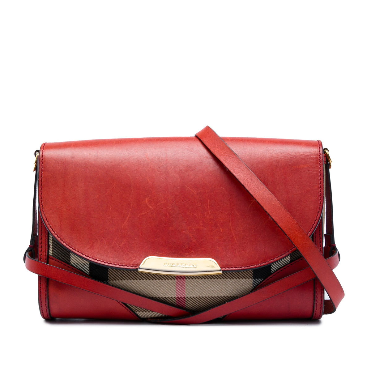Burberry Leather and House Check Canvas Bridle Abbott Crossbody — Red