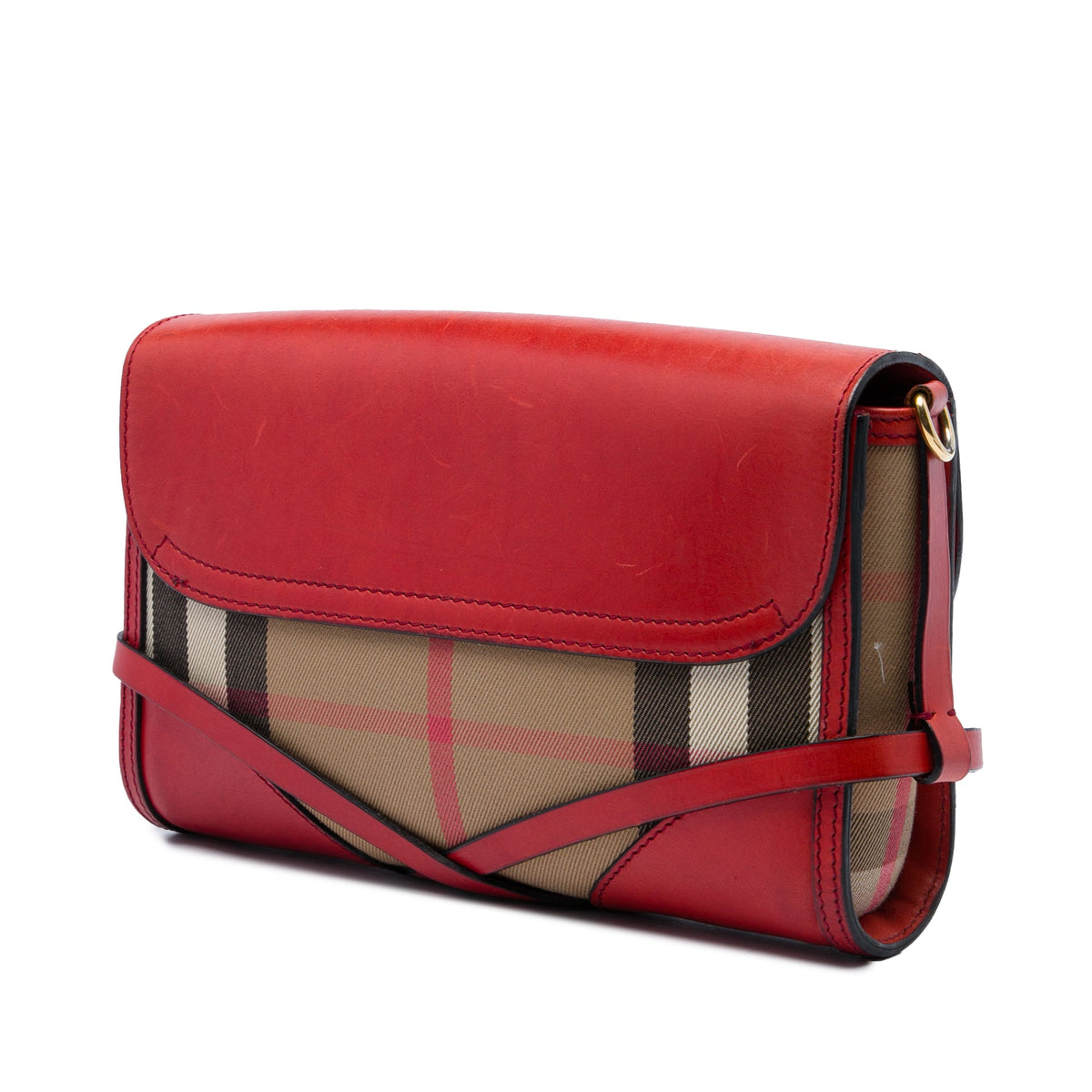 Burberry Leather and House Check Canvas Bridle Abbott Crossbody — Red