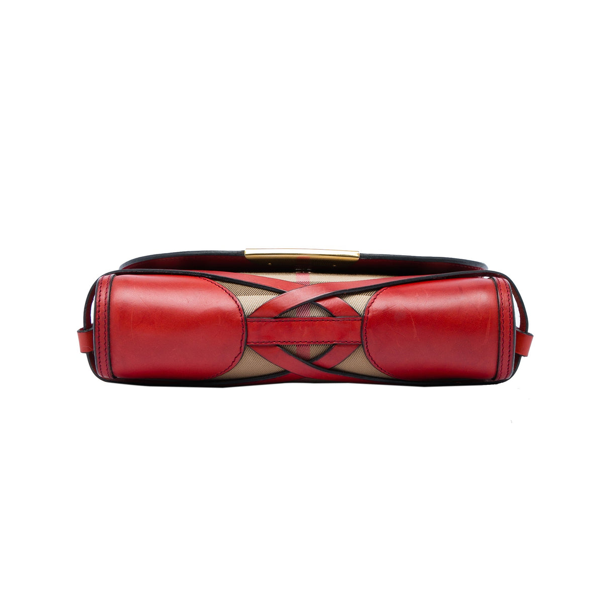 Burberry Leather and House Check Canvas Bridle Abbott Crossbody — Red
