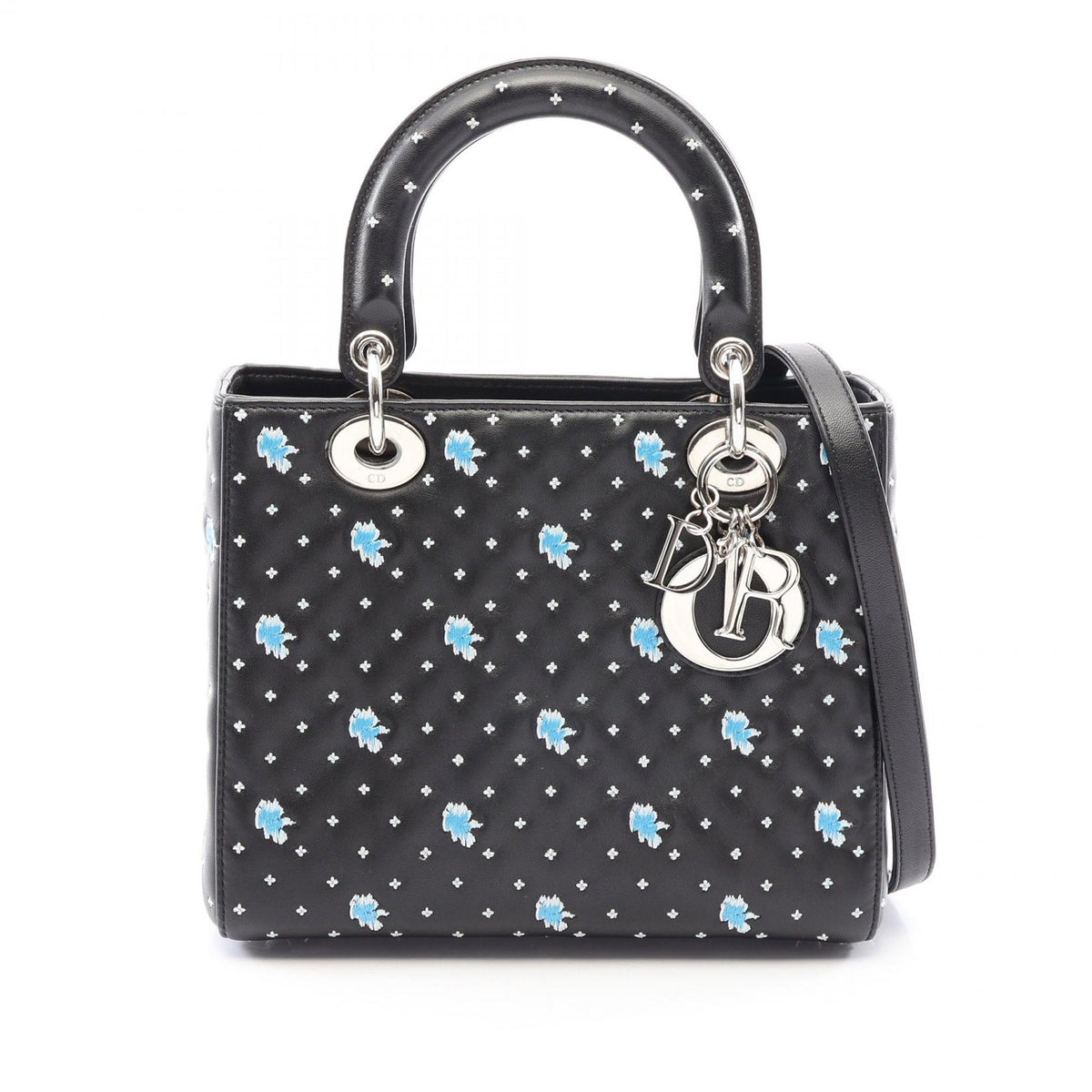 Dior Medium Calfskin Embroidered Flower Lady Dior — Black