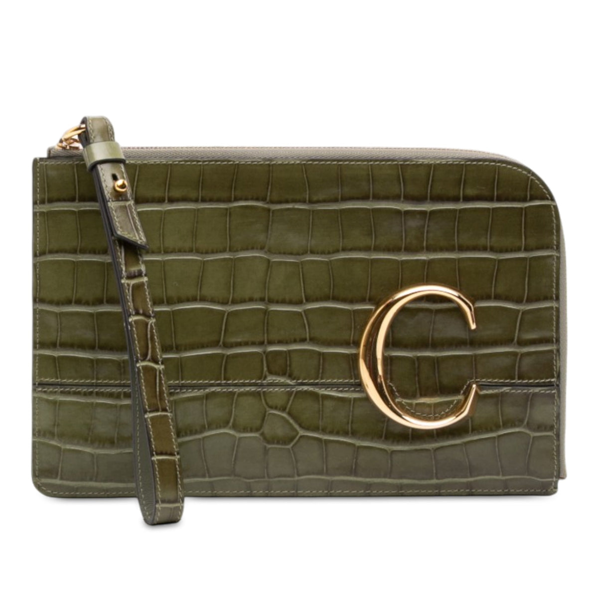 Chloé Croc Embossed Leather C Flat Clutch — Green