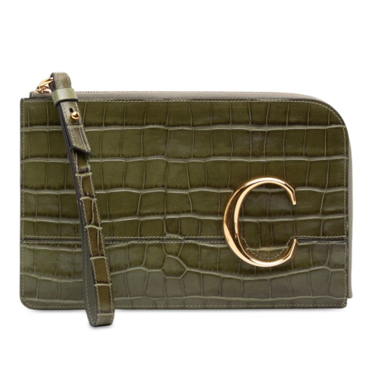 Chloé Croc Embossed Leather C Flat Clutch — Green