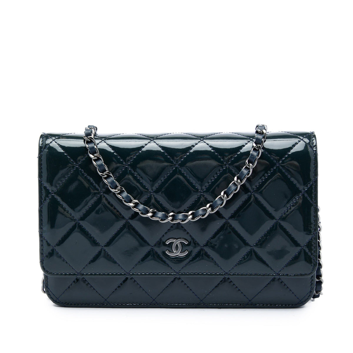 Chanel CC Quilted Patent Wallet On Chain — Blue