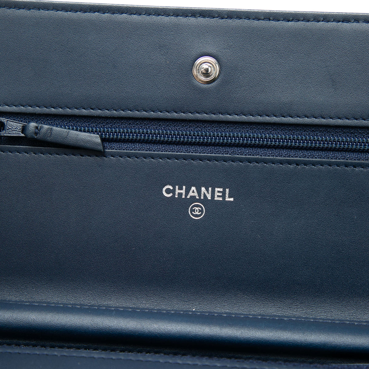 Chanel CC Quilted Patent Wallet On Chain — Blue