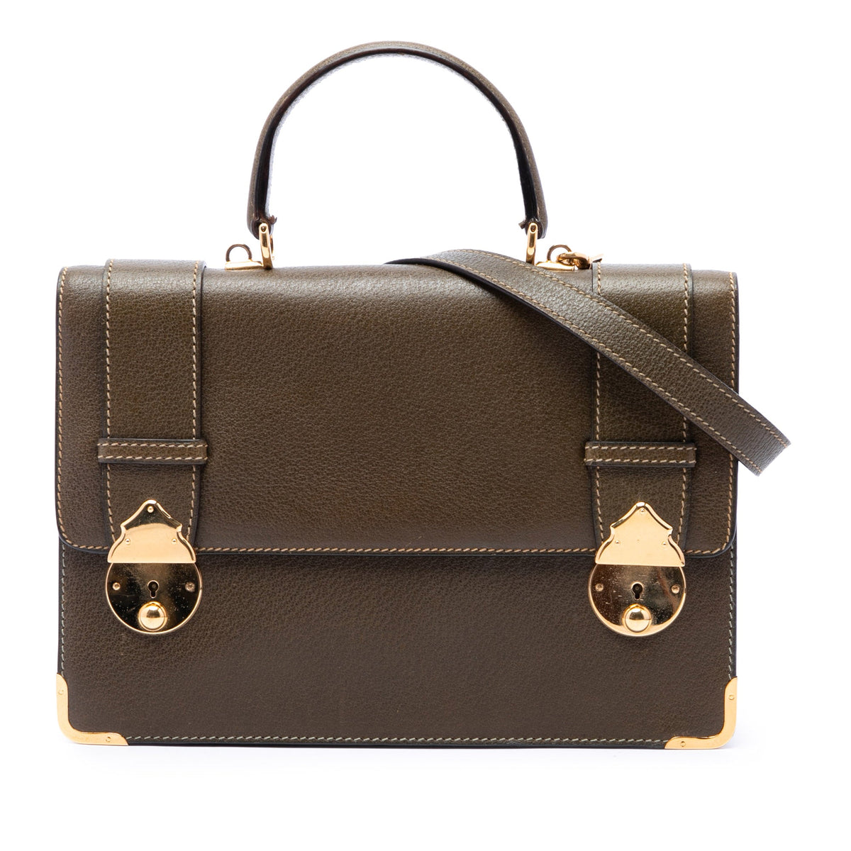 Gucci Calfskin Dual Push Lock Top Handle Bag — Brown