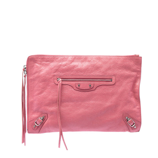 Balenciaga Lambskin Motocross Classic Zip Around Flat Clutch — Pink
