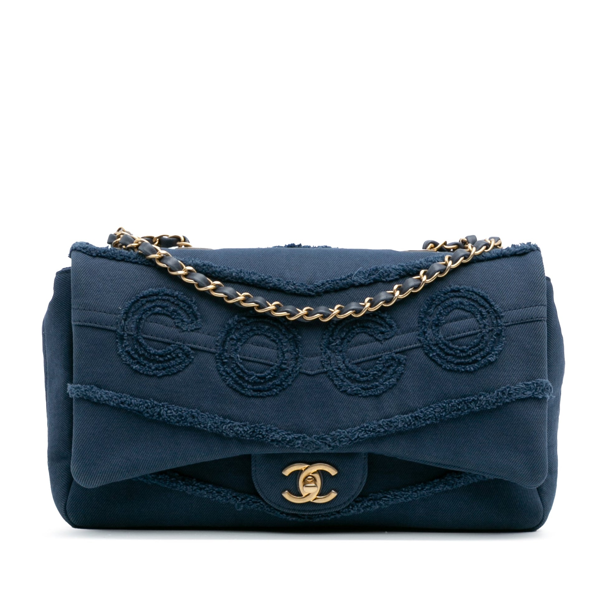 Chanel Jumbo Chevron Denim Fringe Coco Flap