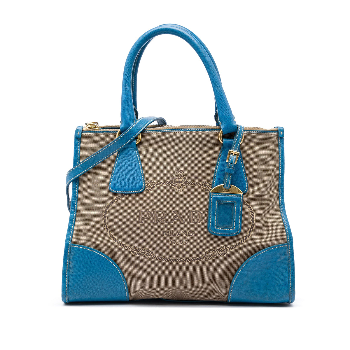 Prada Saffiano Trimmed Canvas Canapa Logo Double Zip Satchel