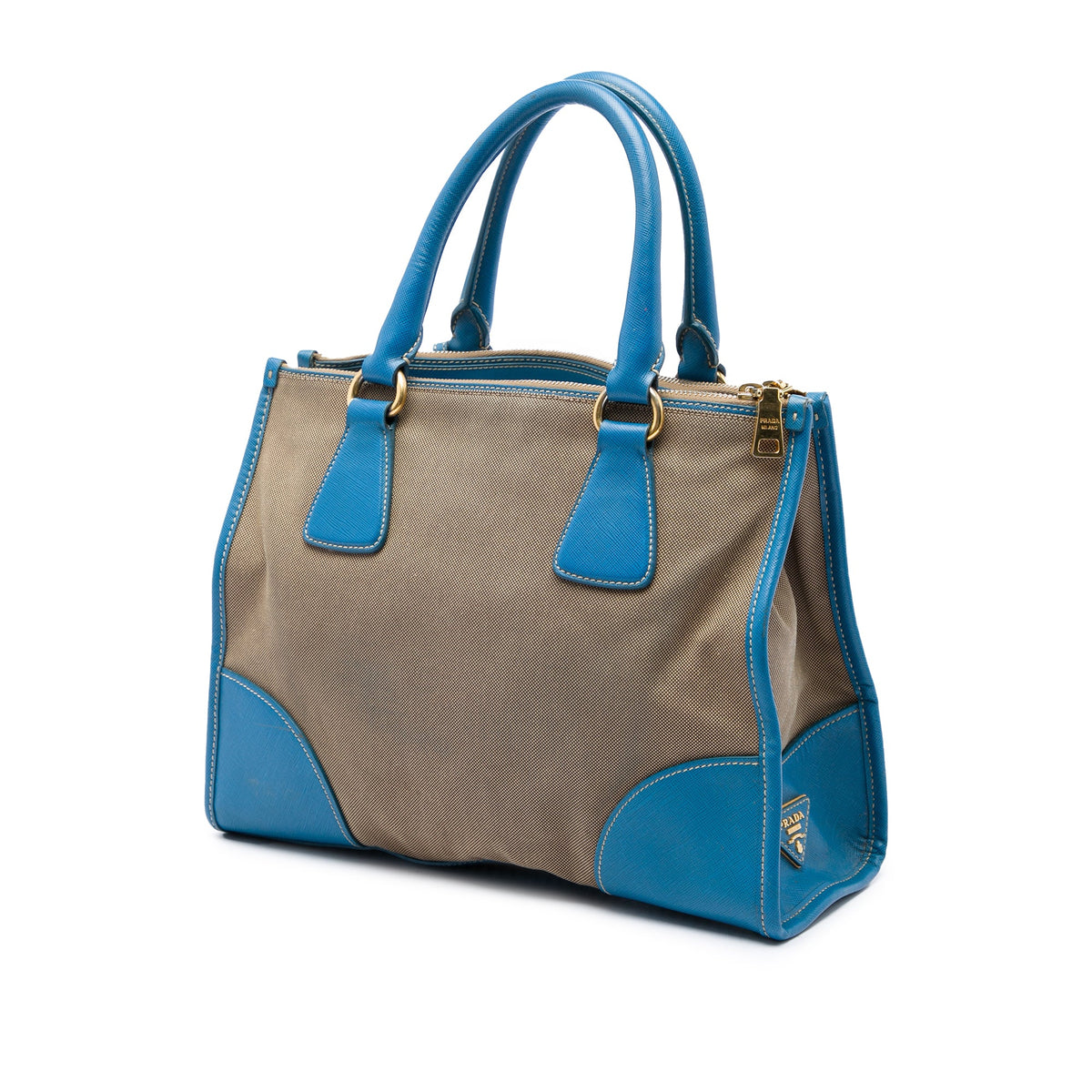 Prada Saffiano Trimmed Canvas Canapa Logo Double Zip Satchel