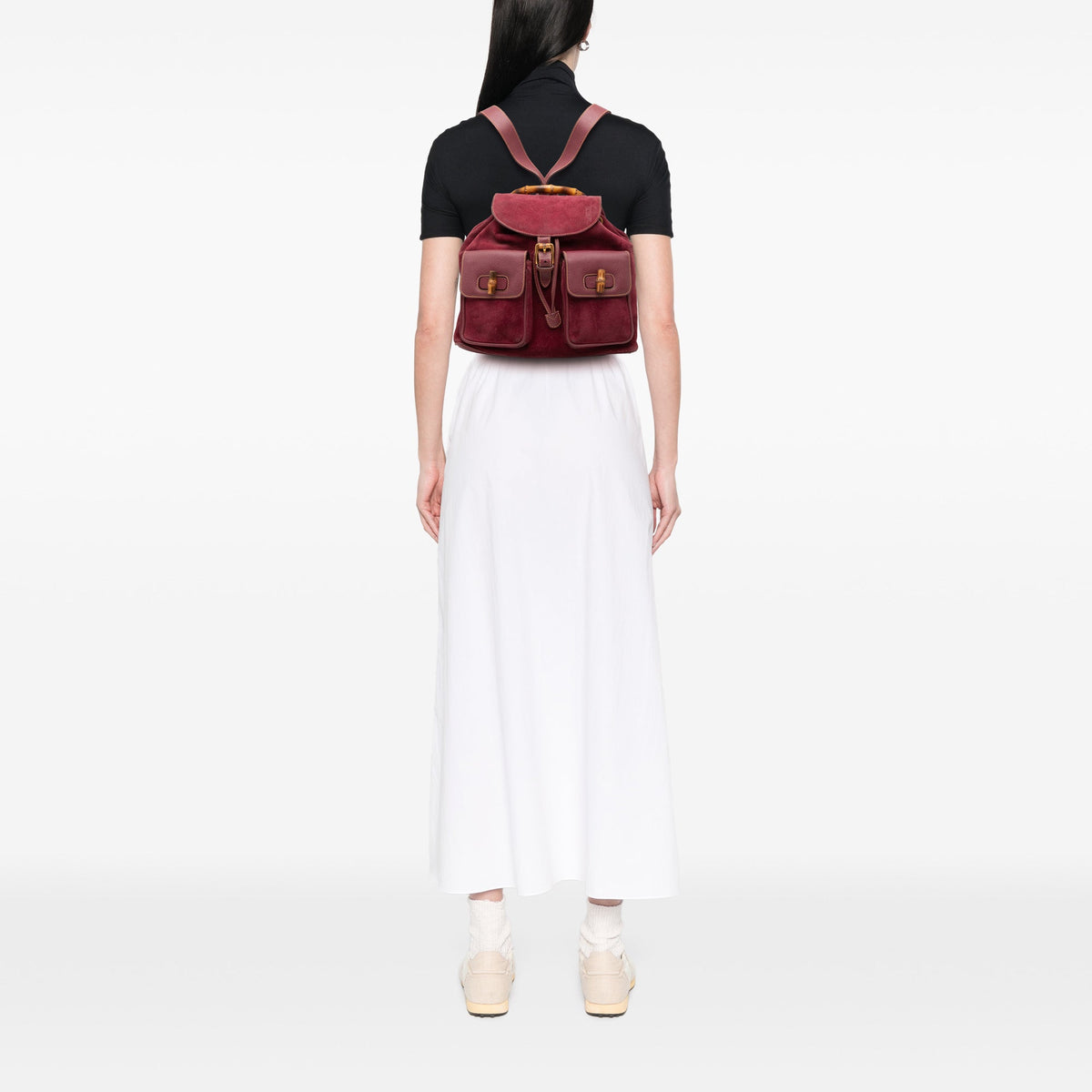 Gucci Large Suede Bamboo Drawstring Backpack