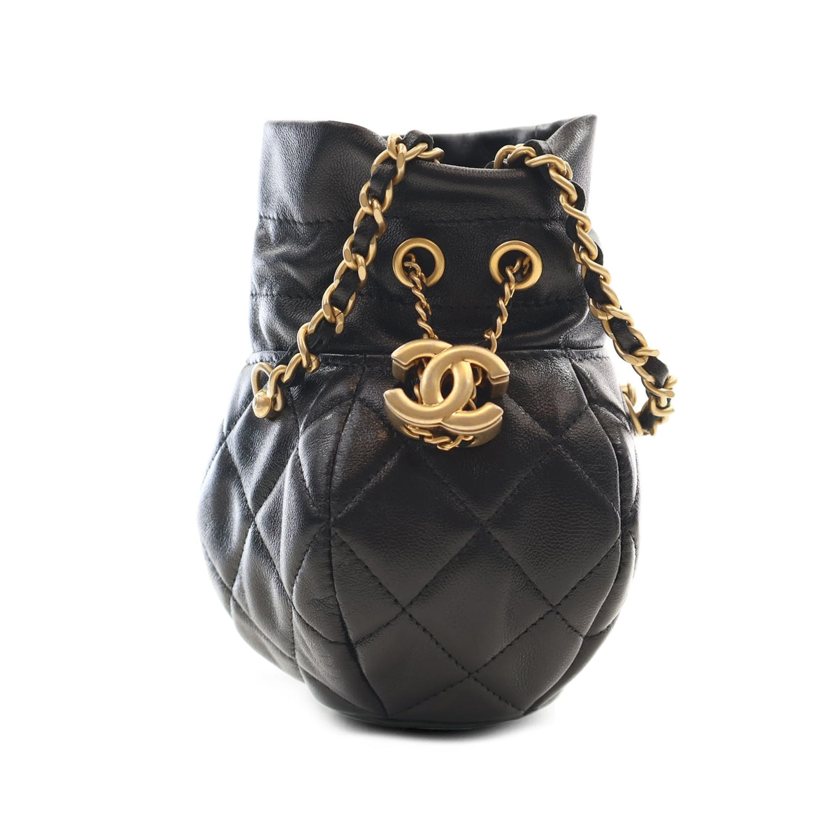 Chanel CC Shiny Lambskin Quilted Drawstring Clutch with Chain — Black