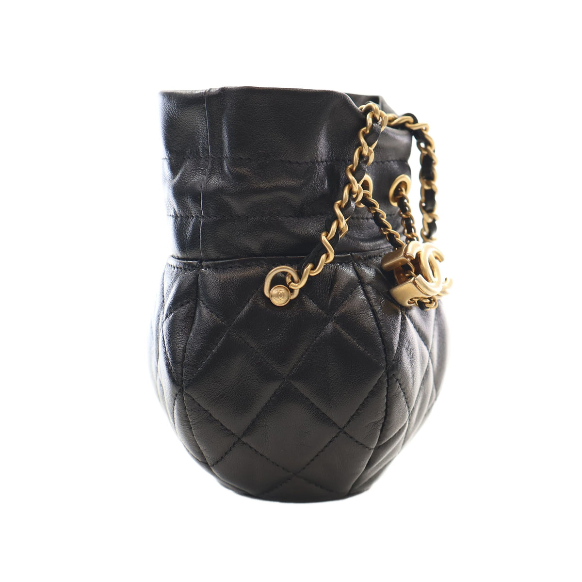 Chanel CC Shiny Lambskin Quilted Drawstring Clutch with Chain — Black