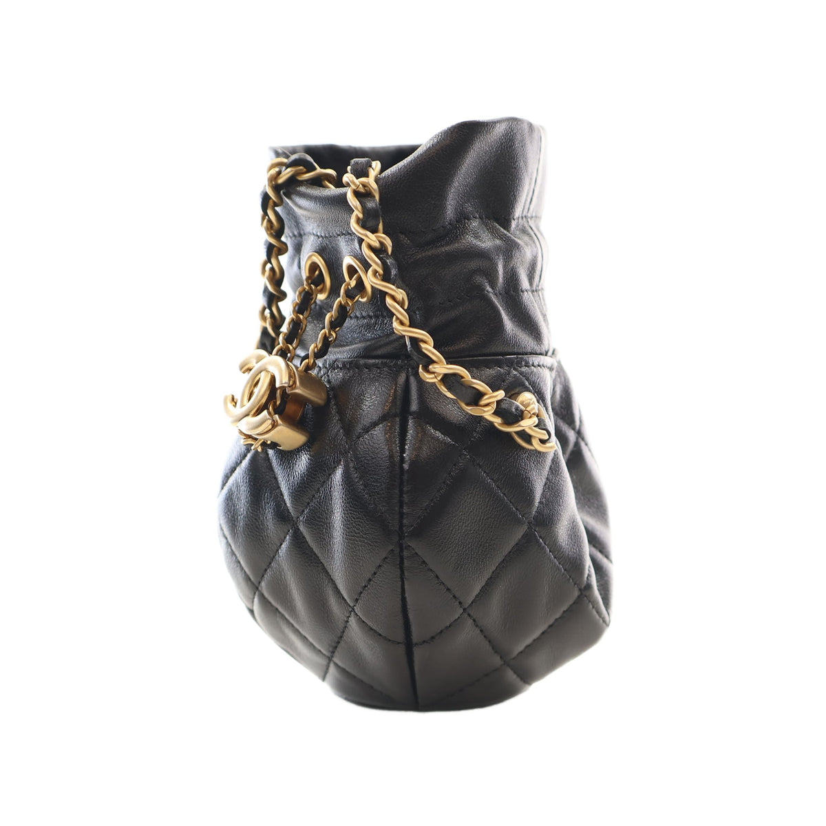 Chanel CC Shiny Lambskin Quilted Drawstring Clutch with Chain — Black