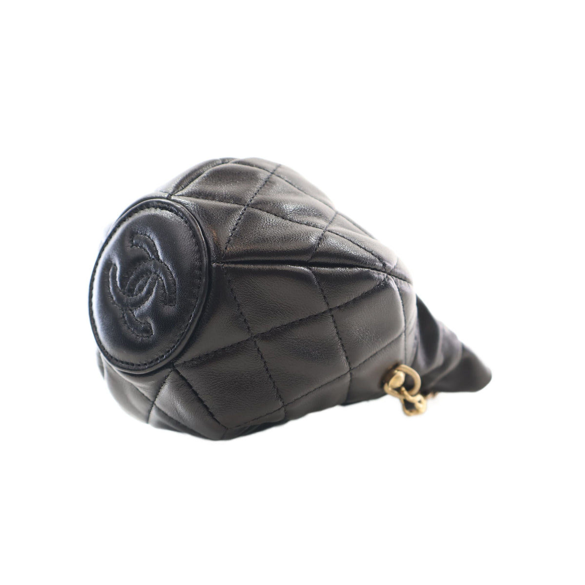 Chanel CC Shiny Lambskin Quilted Drawstring Clutch with Chain — Black