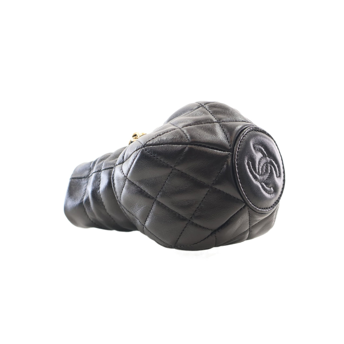 Chanel CC Shiny Lambskin Quilted Drawstring Clutch with Chain — Black