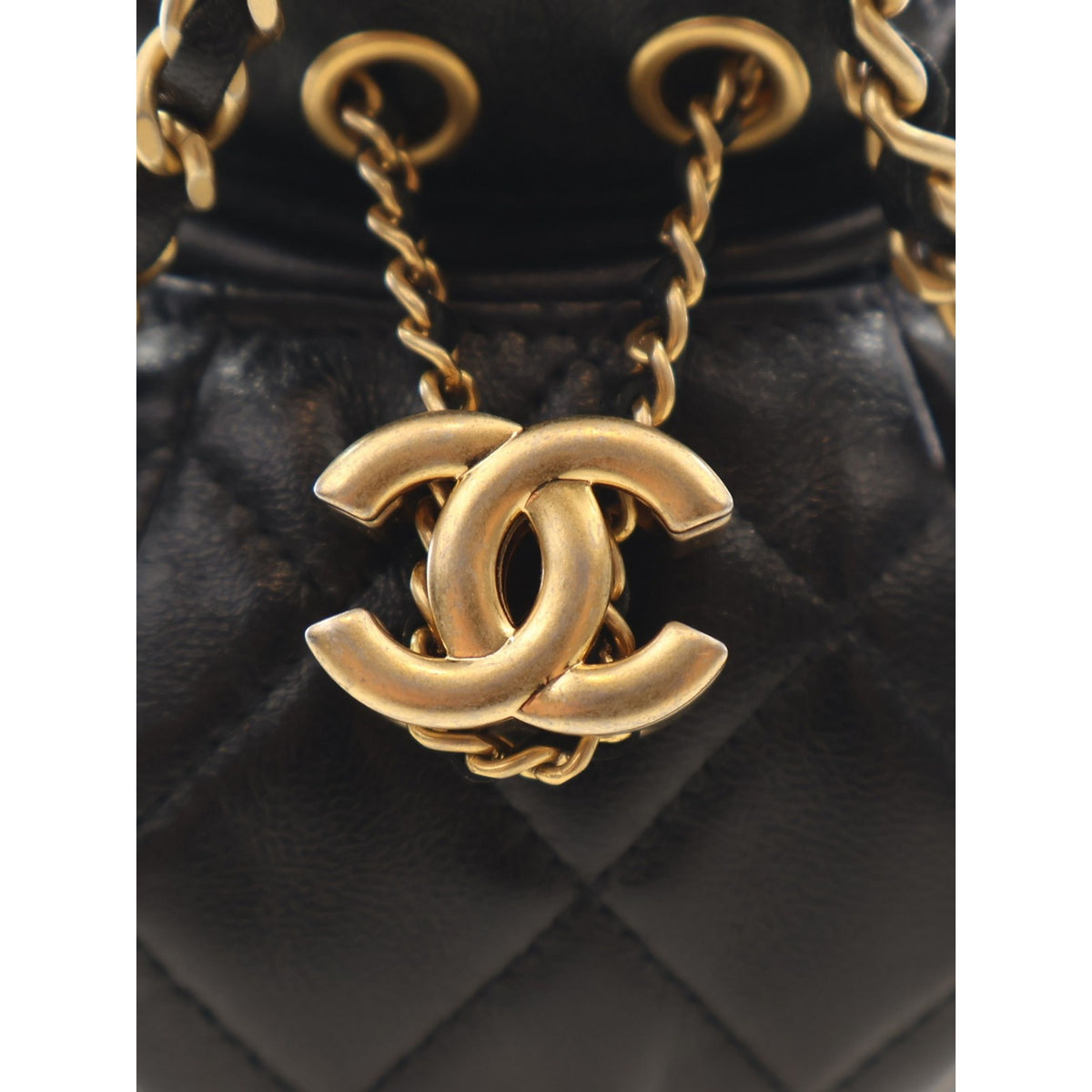 Chanel CC Shiny Lambskin Quilted Drawstring Clutch with Chain — Black