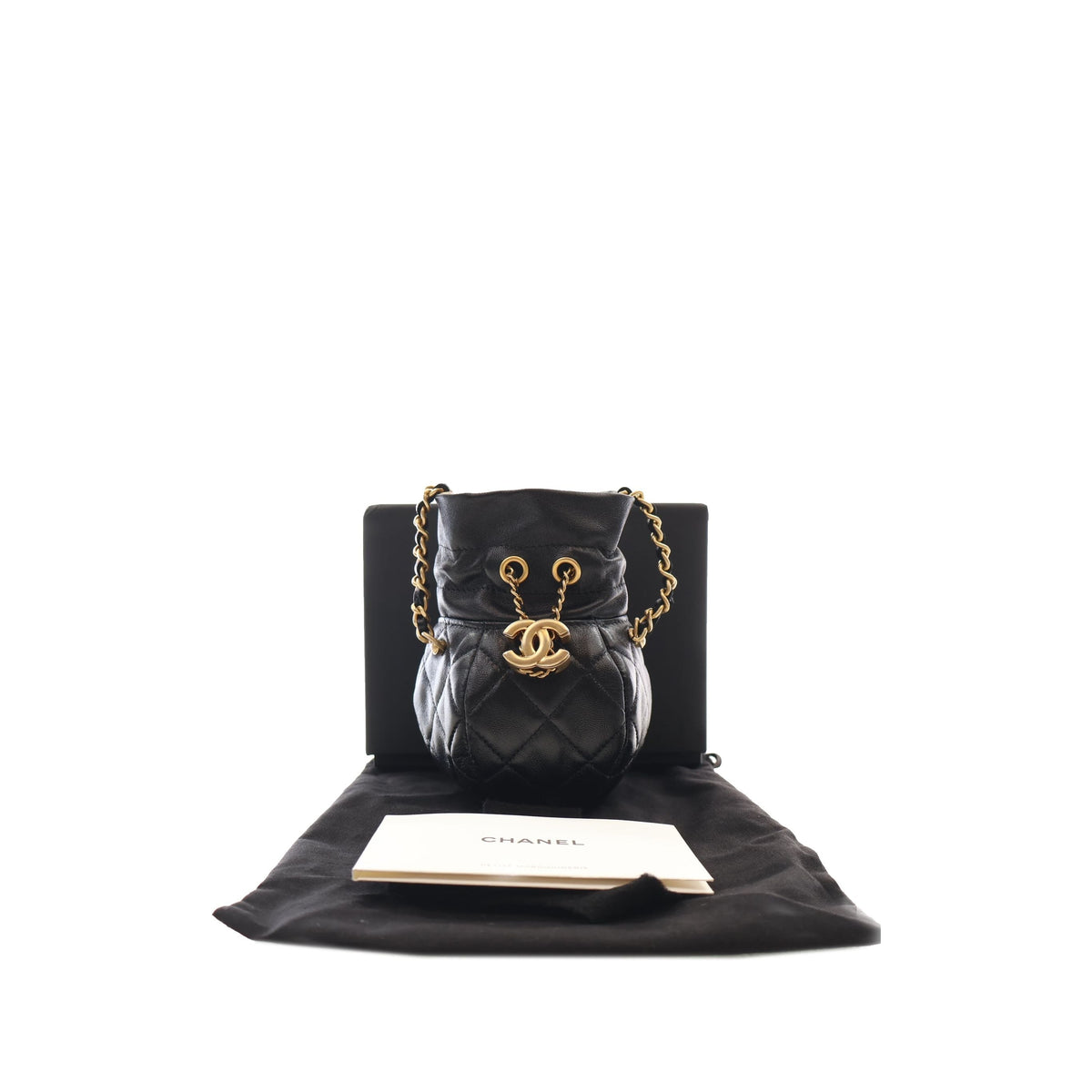 Chanel CC Shiny Lambskin Quilted Drawstring Clutch with Chain — Black