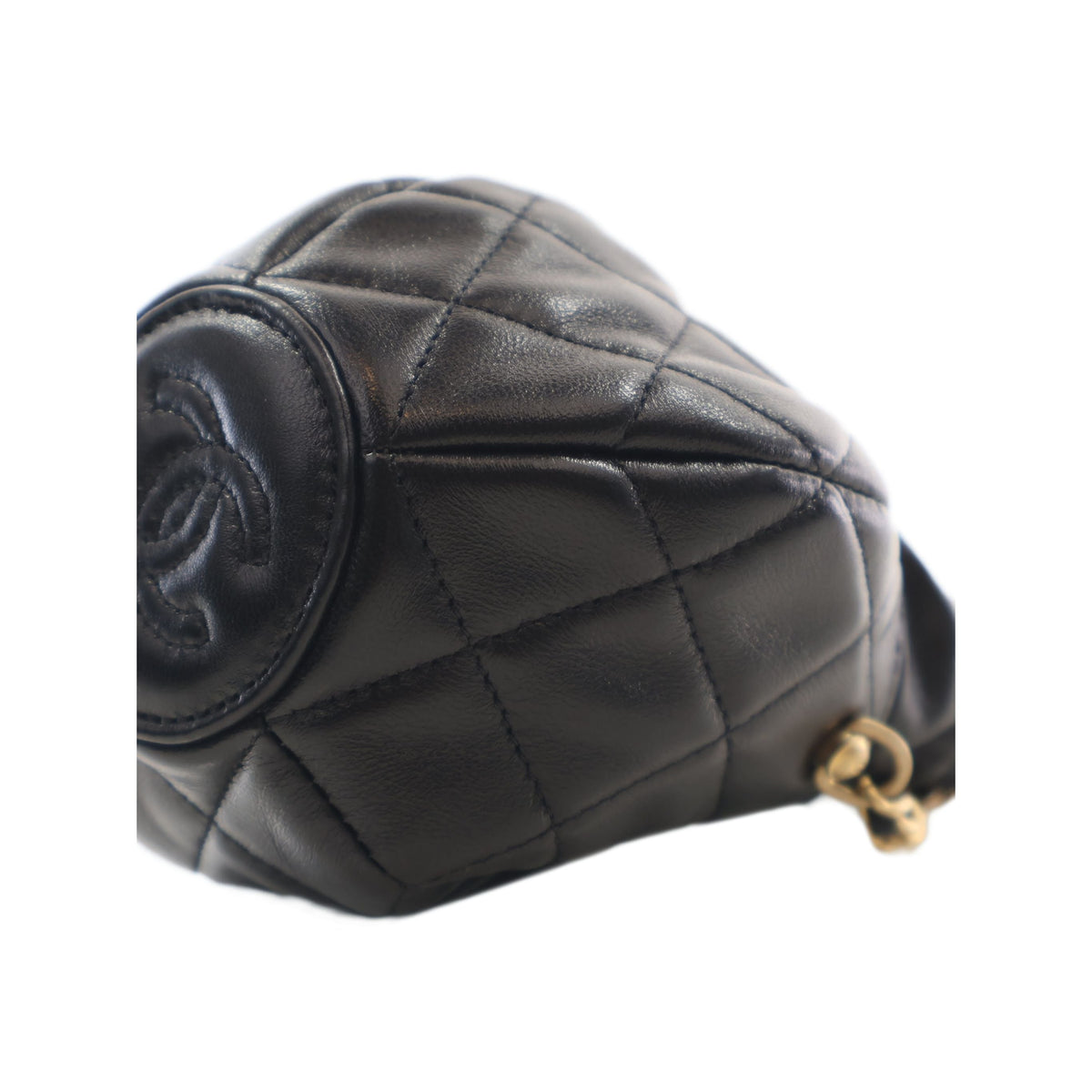 Chanel CC Shiny Lambskin Quilted Drawstring Clutch with Chain — Black
