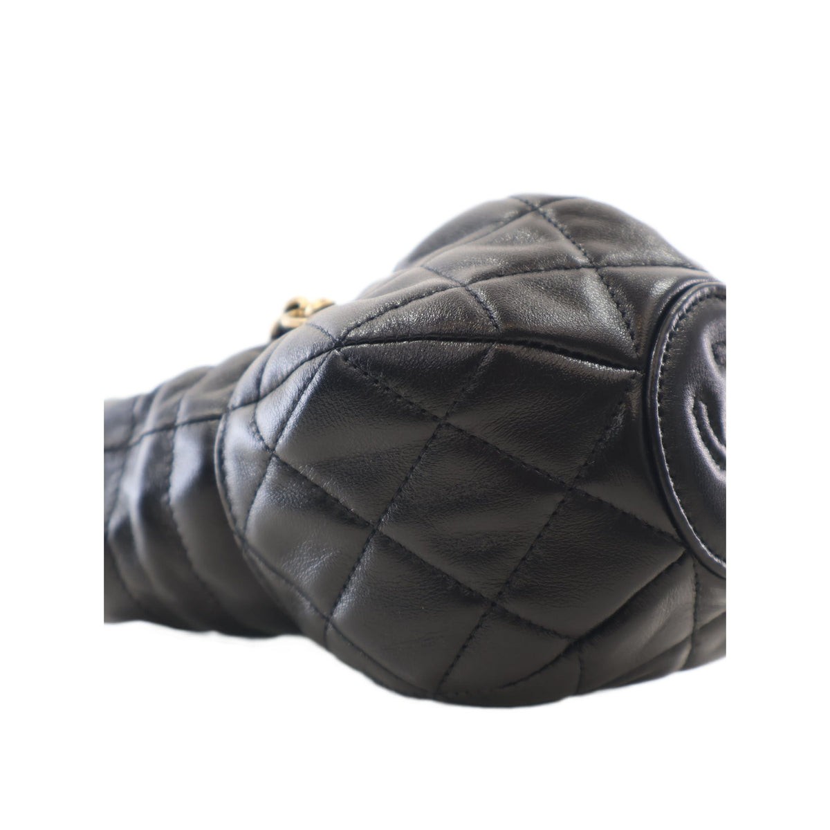 Chanel CC Shiny Lambskin Quilted Drawstring Clutch with Chain — Black