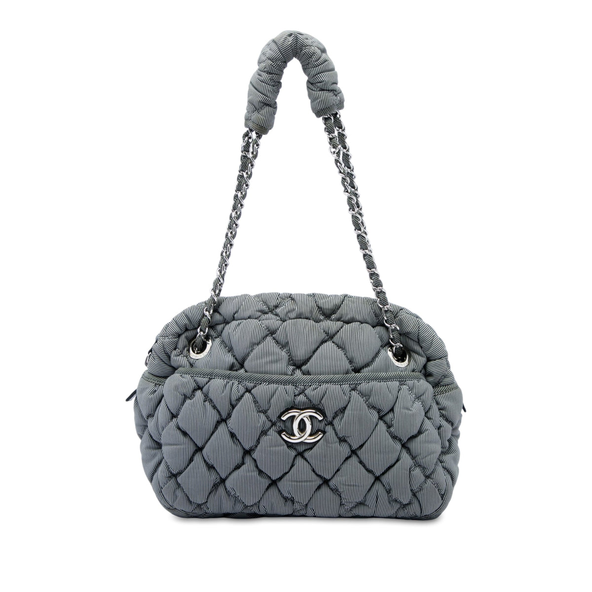 Chanel Quilted Striped Nylon Bubble Shoulder Bag — Gray