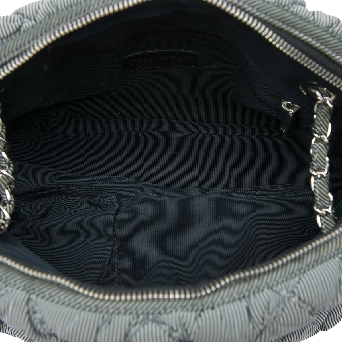 Chanel Quilted Striped Nylon Bubble Shoulder Bag — Gray