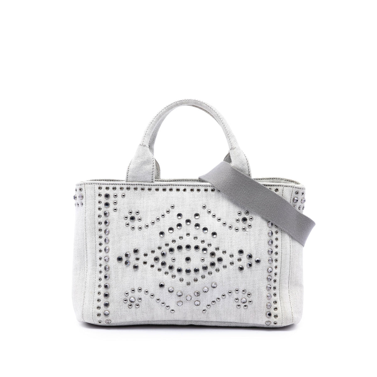 Prada Small Denim Canapa Bijoux and Grommet Satchel — Gray