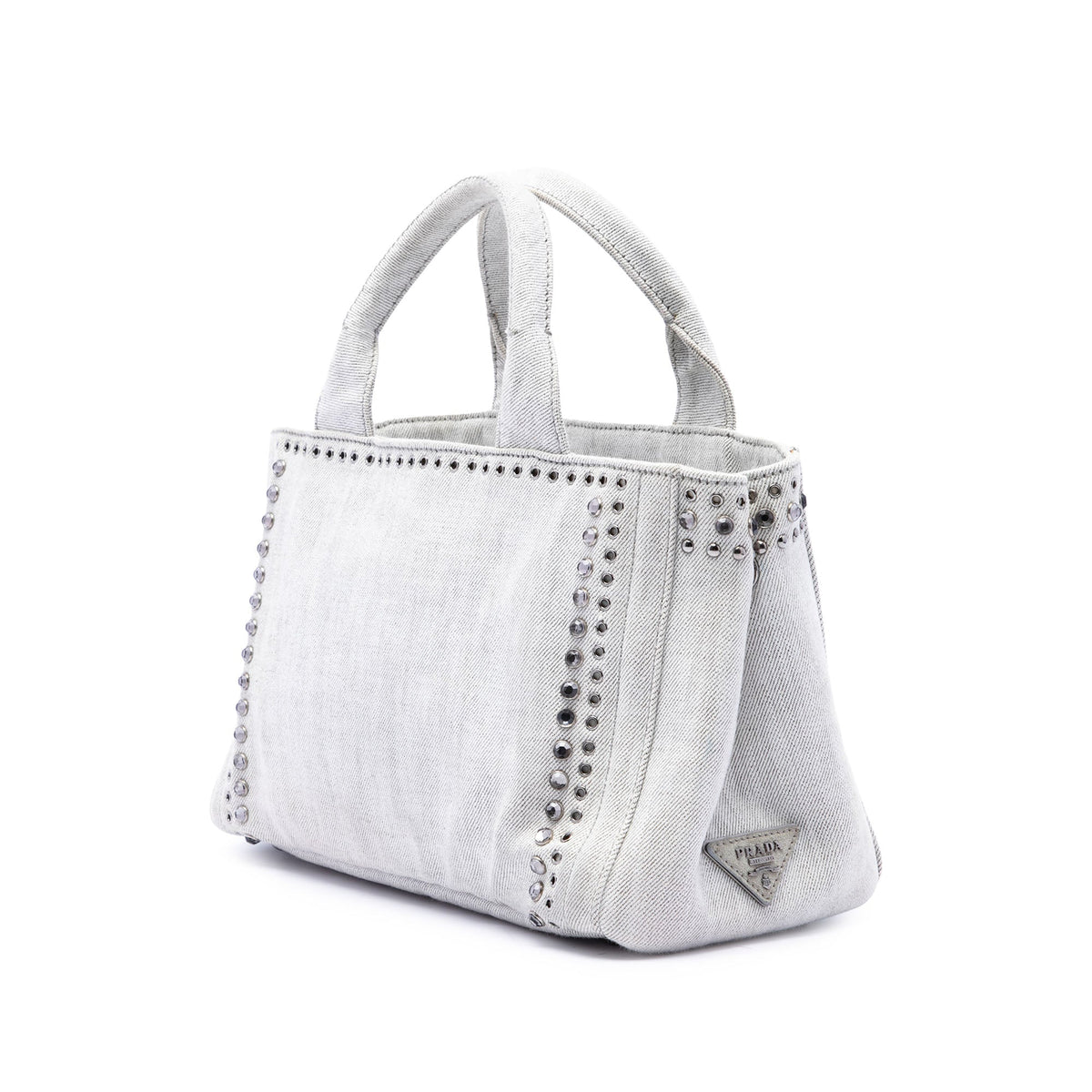 Prada Small Denim Canapa Bijoux and Grommet Satchel — Gray
