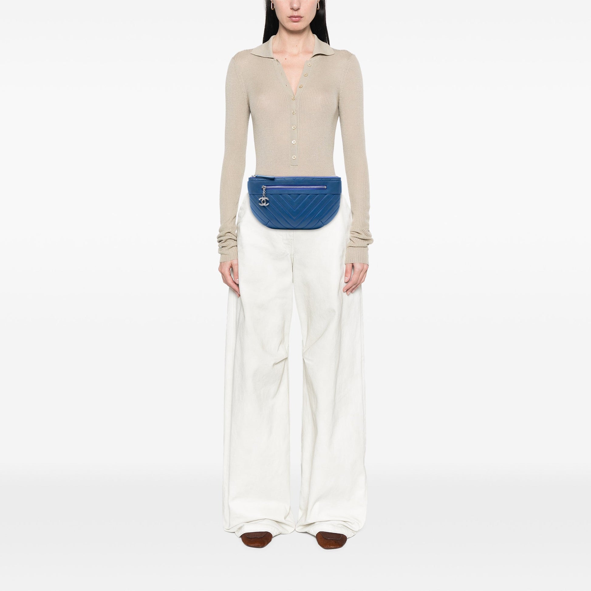 Chanel CC Chevron Lambskin Top Zip Belt Bag