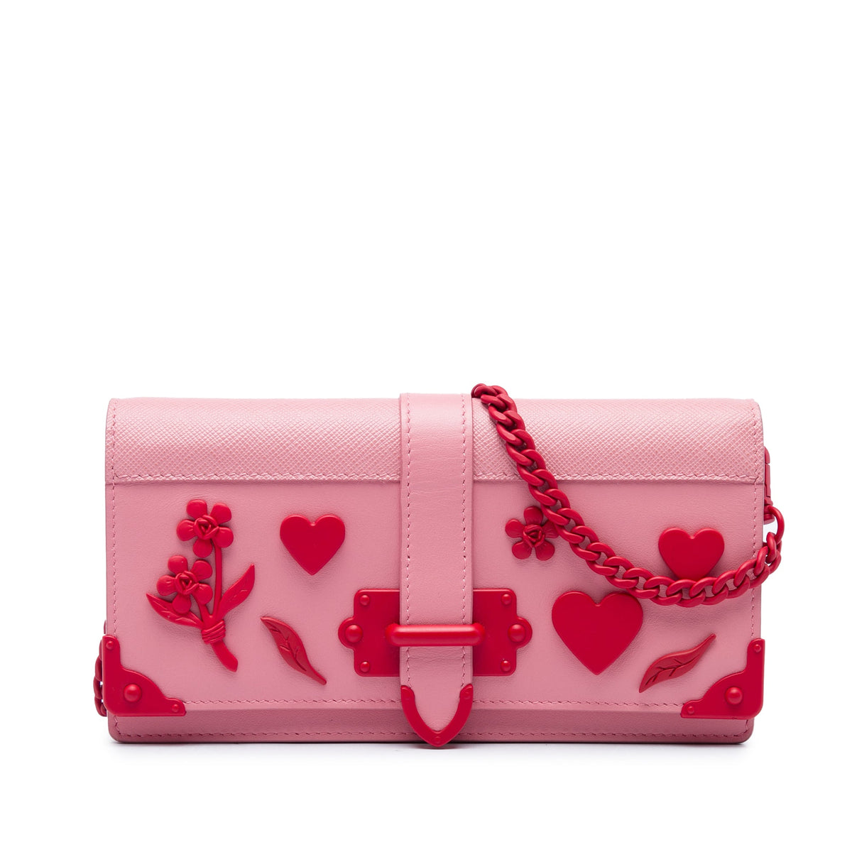 Prada Saffiano Trimmed City Calf Cahier Heart and Flower Wallet on Chain — Pink