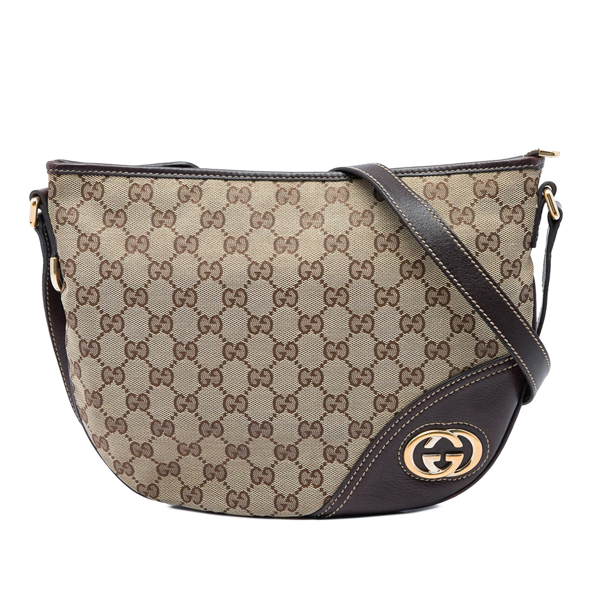 Gucci Medium GG Canvas New Britt Half Moon Crossbody — Beige