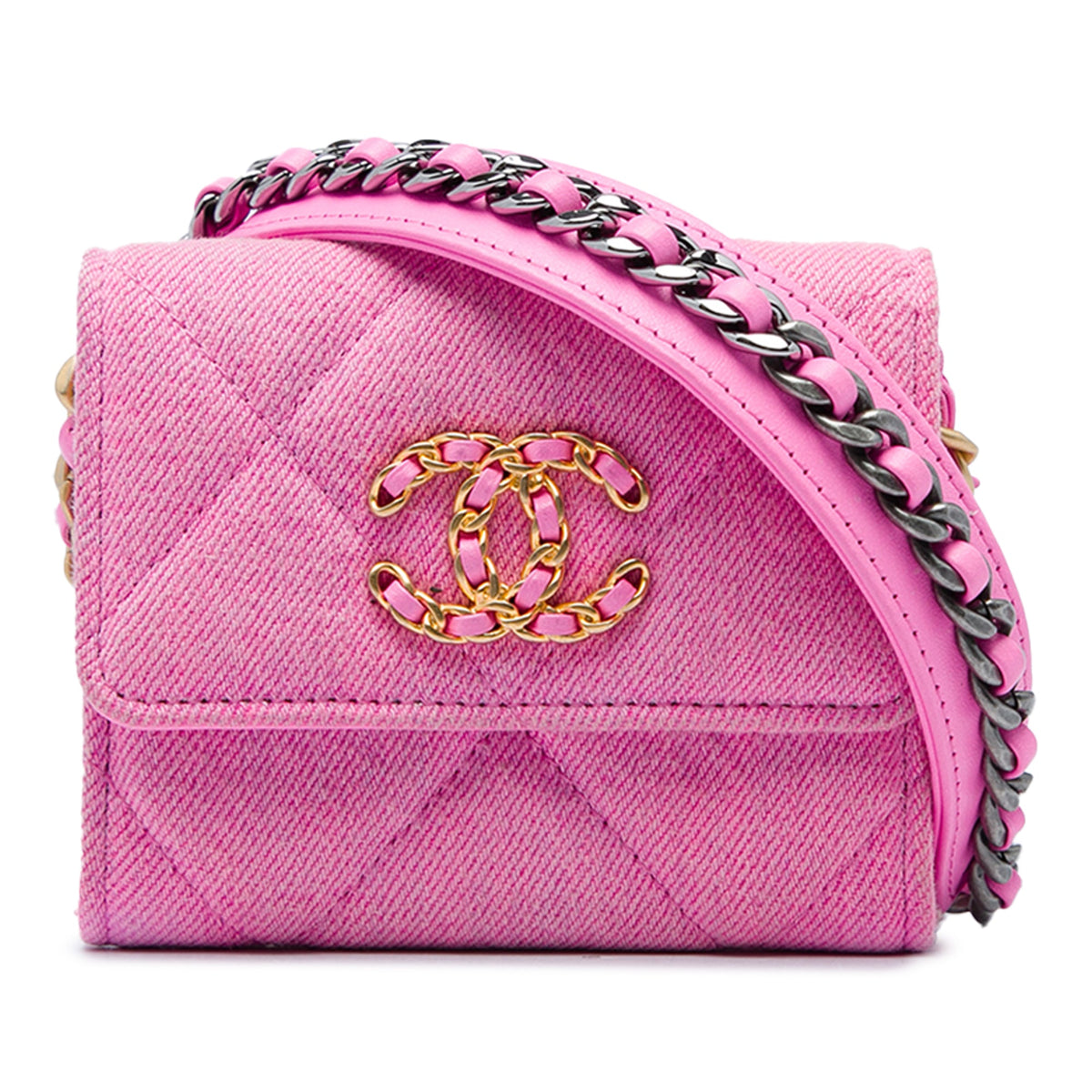 Chanel Quilted Denim 19 Flap Coin Purse With Chain — Pink