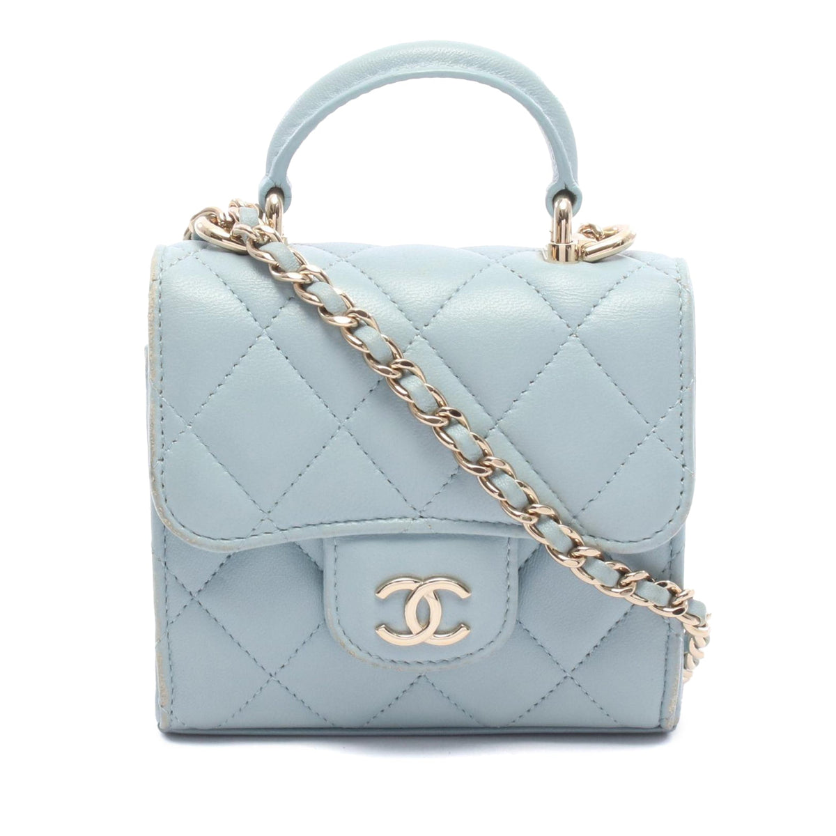 Chanel Mini Lambskin Top Handle Clutch On Chain — Blue