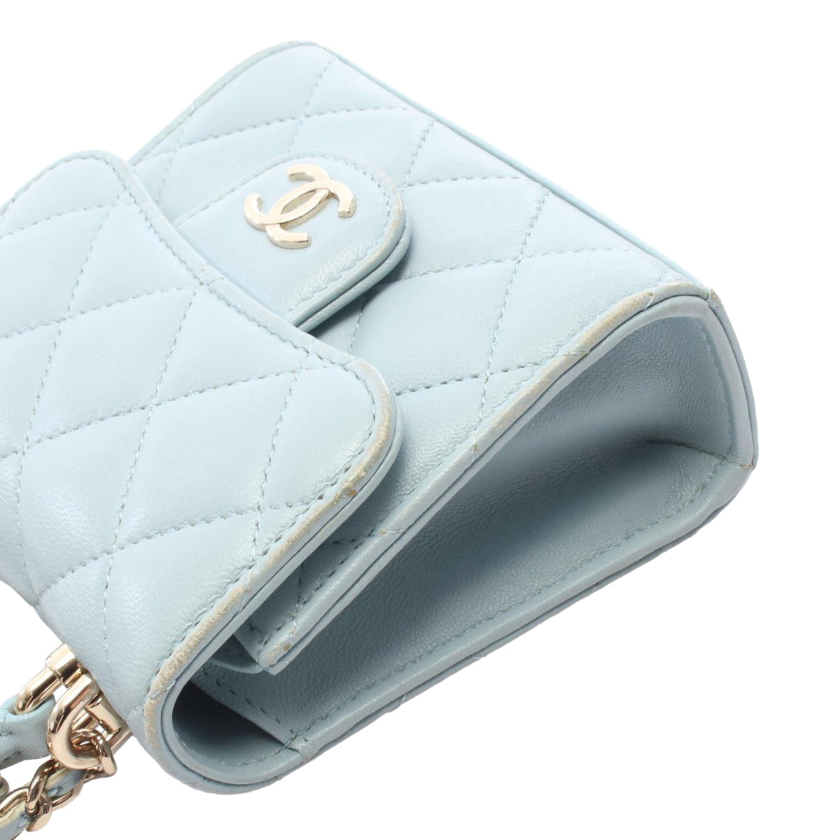 Chanel Mini Lambskin Top Handle Clutch On Chain — Blue