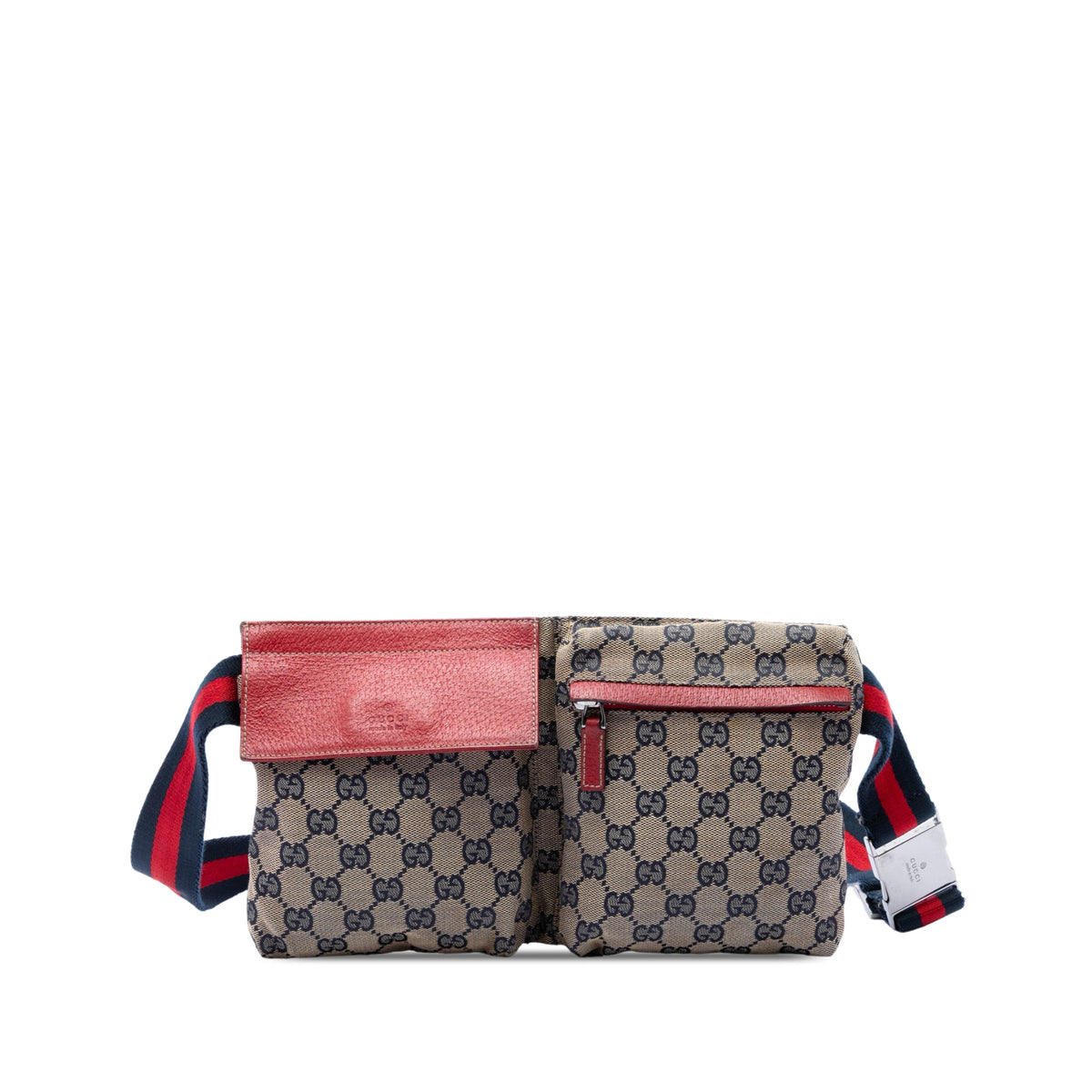 Gucci GG Canvas Web Double Pocket Belt Bag — Beige